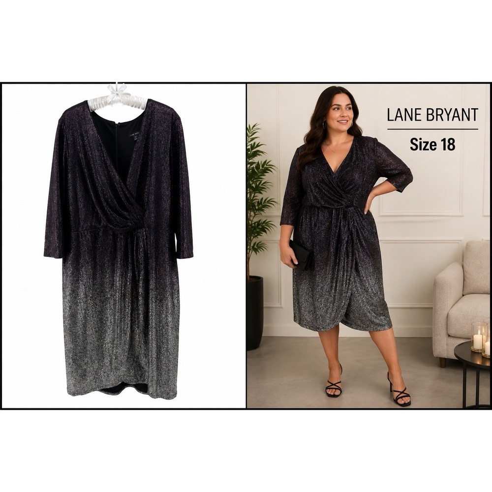 Lane Bryant Size 18 Black Purple Metallic Shimmer Wrap Midi Dress Party Cocktail